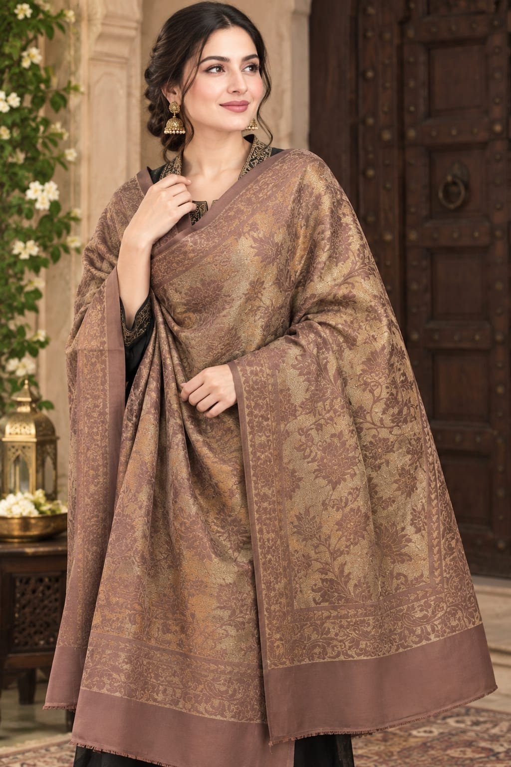 Luxury Beige Embroidered Kashmiri Shawl Suit Set – Premium Winter Ethnic Wear
